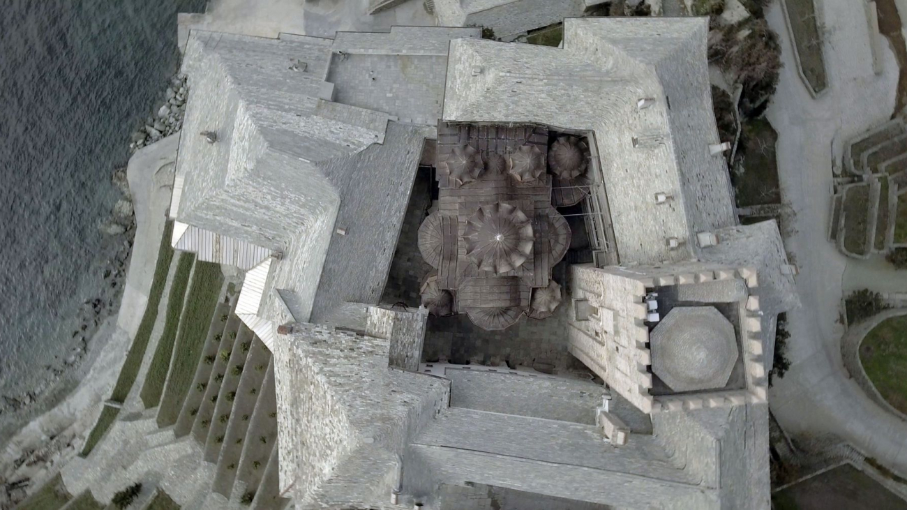 The building complex of the Monastery as seen from above, with the Cathedral at its center.