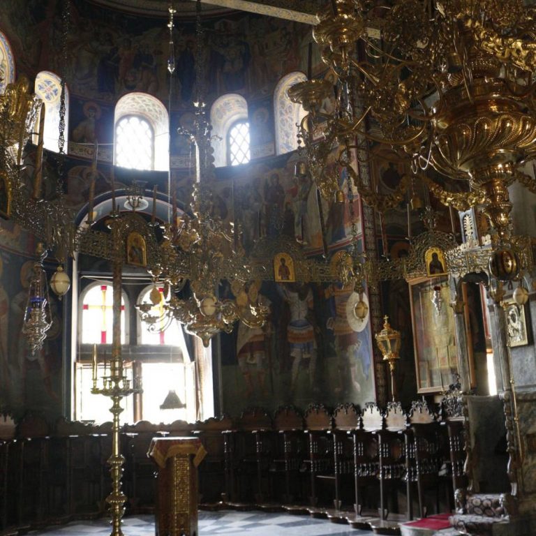 Looking from the right, is the Despotic throne, the Abbot's throne and the seats of the chanters.