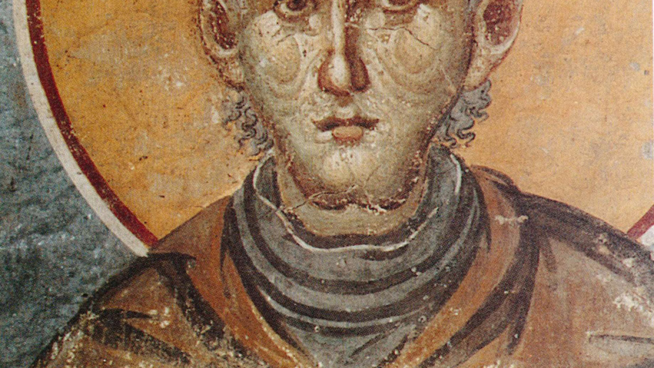 St Pavlos of Xeropotamou appearing in the frescos of the Protato, ca. 1283-1300.