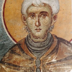 St Pavlos of Xeropotamou appearing in the frescos of the Protato, ca. 1283-1300.