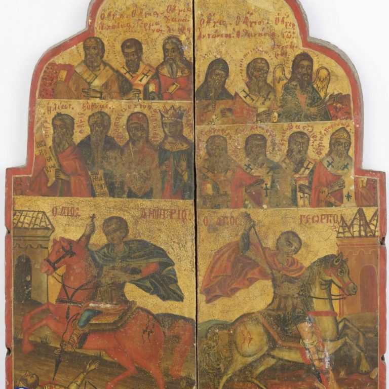 In the outer triptych of the 19th century, Saints George and Demetrius occupy the lower part.