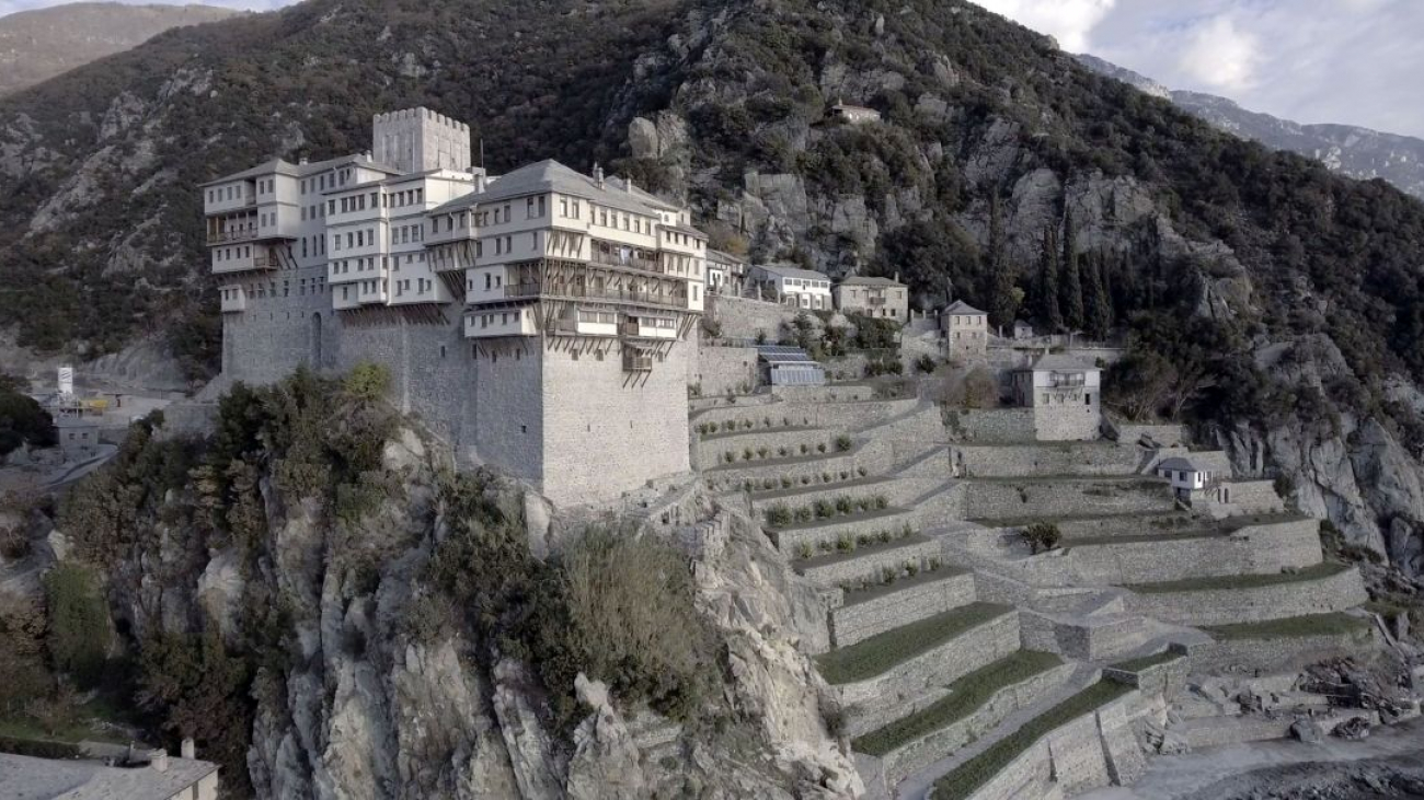 View of Dionysiou Monastery from the sea.