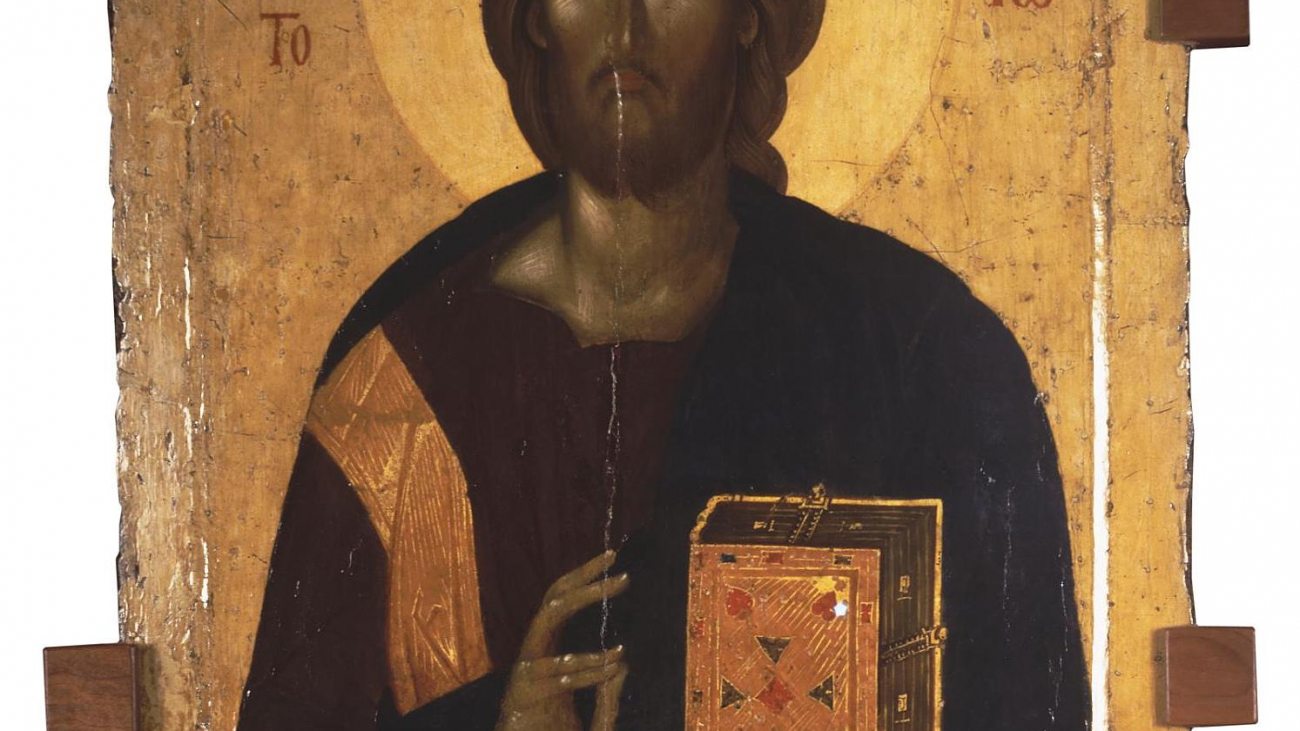 Founding icon of Christ Pantokratoras, 1366, Hermitage Museum, St Petersburg. At the lower right, the figures of the founders Ioannis (left) and Alexios (right) are still preserved.