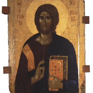 Founding icon of Christ Pantokratoras, 1366, Hermitage Museum, St Petersburg. At the lower right, the figures of the founders Ioannis (left) and Alexios (right) are still preserved.