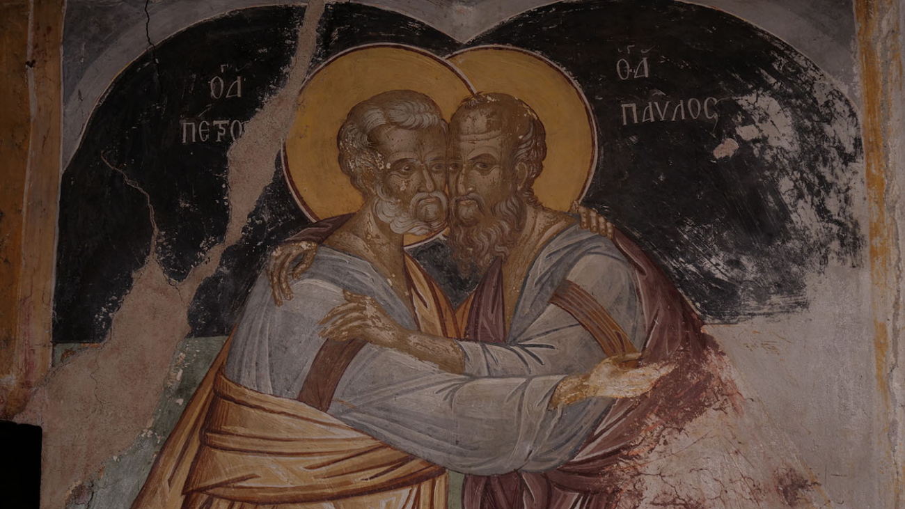 The embracing of St Peter and Pavlos at the west wall.