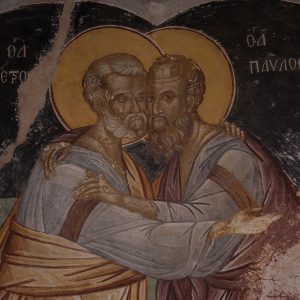 The embracing of St Peter and Pavlos at the west wall.