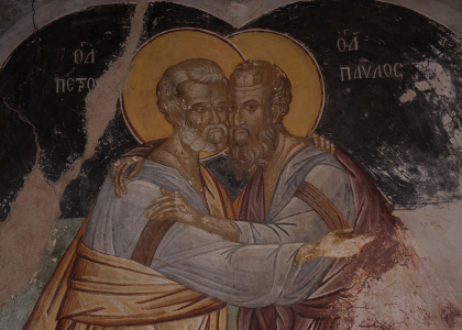 The embracing of St Peter and Pavlos at the west wall.