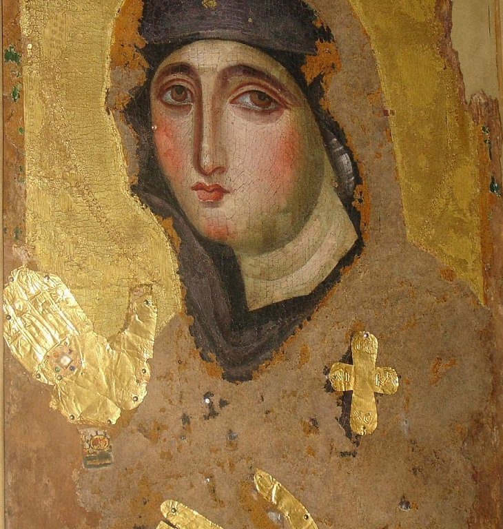 A copy icon of the Virgin Πυροσώτειρα (‘The Saviour from fire’), the Αγιοσορίτισσα ('A sacred relic of the Virgin'), Santa Maria del Rosario, Rome, perhaps 7th or 8th century.