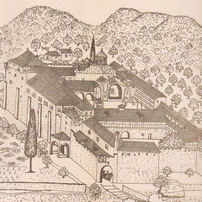 The Holy Monastery of Xenophontos, drawn by the Russian traveller Barski, 1744.