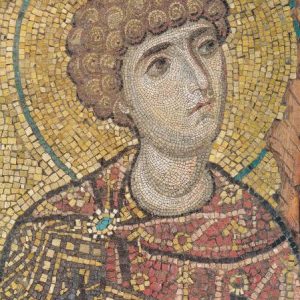 Detail of the mosaic icon of st Georgios, 11th century.