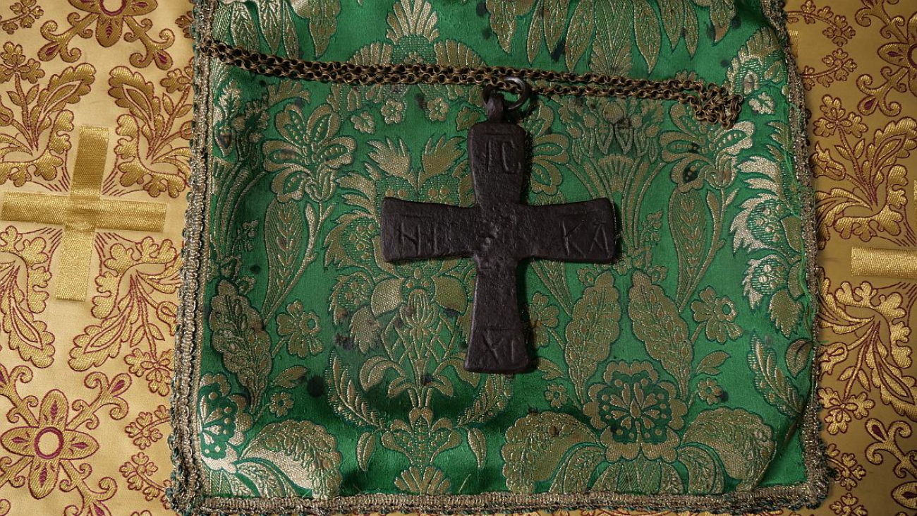 The heavy cross of brass worn by St Pavlos is kept in the Monastery.