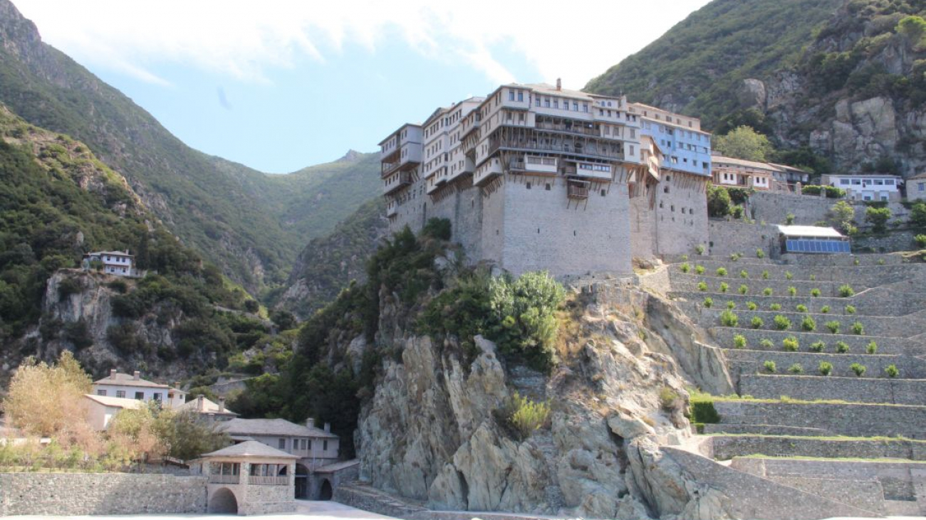 The Dionysiou Monastery, the Arsanas (shipyard) and the torrent river.