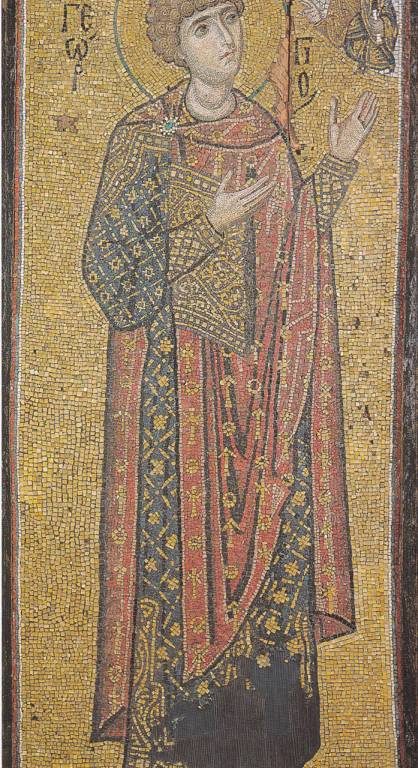 The big mosaic icon of St Georgios, of the 11th century, gift of Nikiforos Botaneatis.