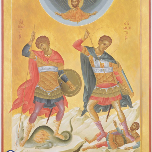 The two saints together in a portable icon, where each one is depicted with the special attributes of his iconographic type.