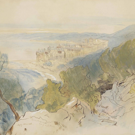The Xenophontos Monastery, work of Edward Lear with pencil and watercolor (1856).