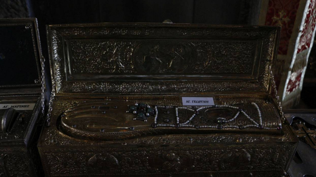 Holy relic from the right hand of St Georgios, a valuable asset of the Monastery.