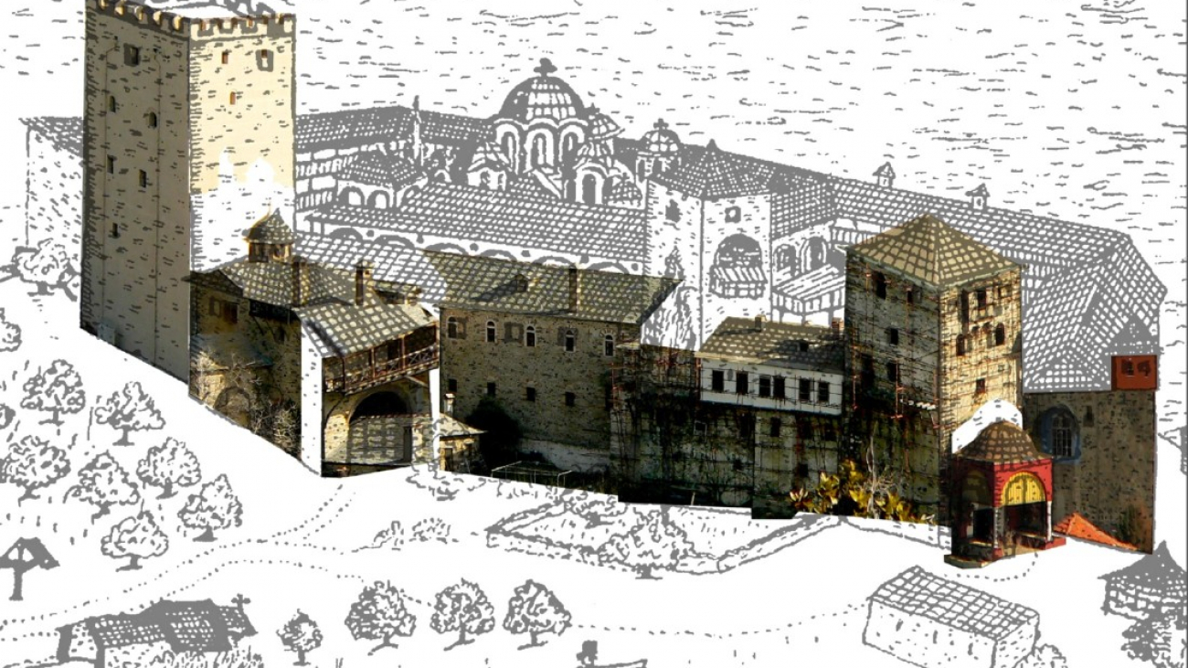 A sketch by Barsky on which modern photographs of the Monastery were pasted.