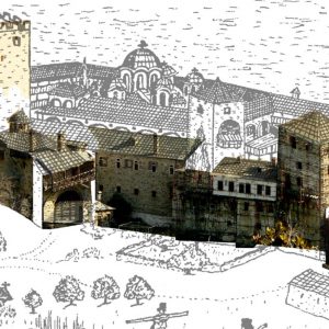 A sketch by Barsky on which modern photographs of the Monastery were pasted.