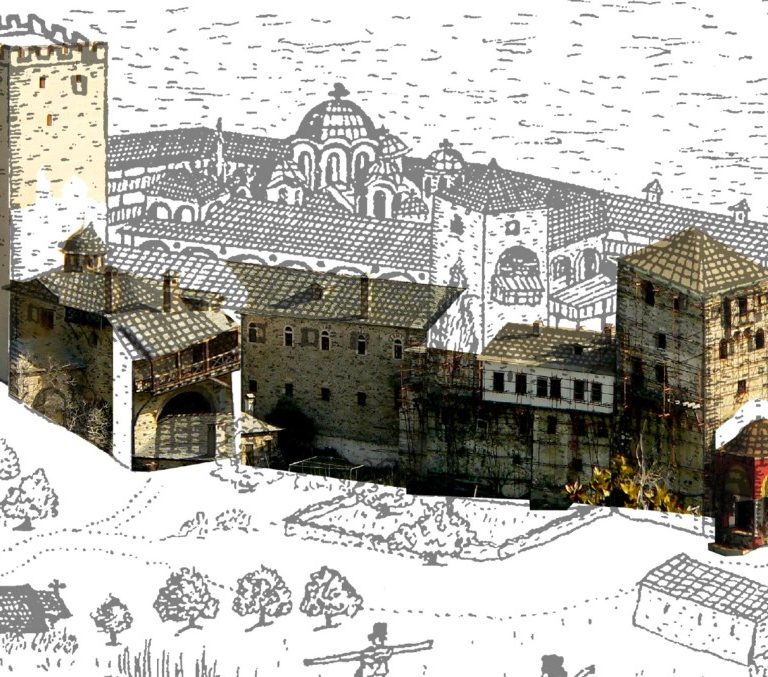 A sketch by Barsky on which modern photographs of the Monastery were pasted.