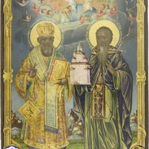 Ο άγιος Νήφων και ο άγιος Διονύσιος, κτήτορες της μονής Διονυσίου. Φορητή εικόνα, 19ος αιώνας.