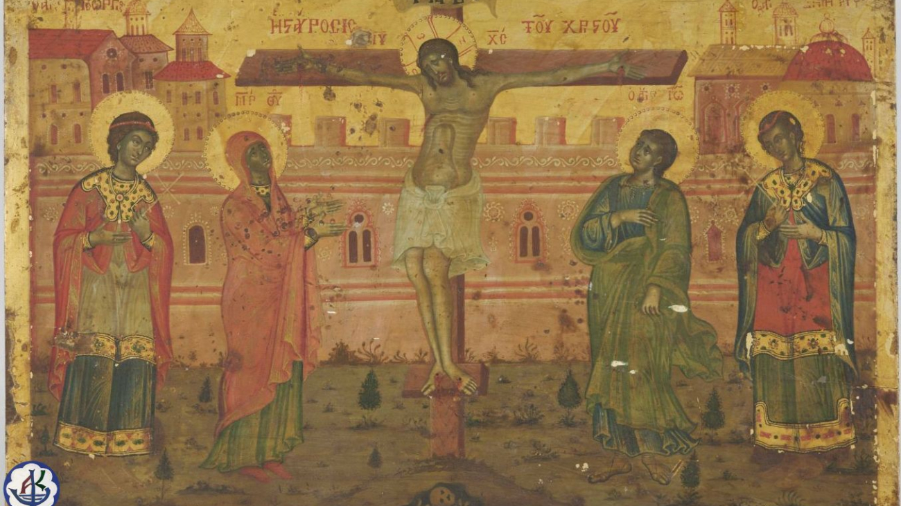 Υπέρβαση του χρόνου στη βυζαντινή εικονογραφία. Οι άγιοι Γεώργιος και Δημήτριος εικονίζονται ως αυτόπτες μάρτυρες της Σταυρώσεως (19ος αιώνας).