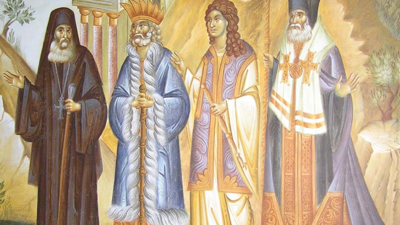 Κτήτορες της Μονής ανά τους αιώνες. (από αριστερά) Παΐσιος, Ματθαίος ηγεμών, Πρέντα Κραϊοβέσκου, Φιλόθεος αρχιερεύς.
