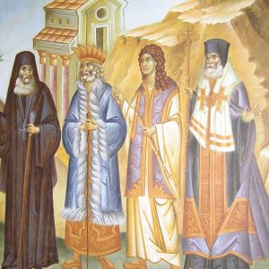Κτήτορες της Μονής ανά τους αιώνες. (από αριστερά) Παΐσιος, Ματθαίος ηγεμών, Πρέντα Κραϊοβέσκου, Φιλόθεος αρχιερεύς.