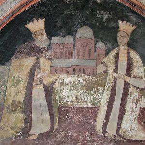 Ο ηγεμόνας της Μολδοβλαχίας Ματθαίος Μπασαράμπ και η δόμνα Ελένη σε τοιχογραφία του παλαιού Καθολικού (1637).